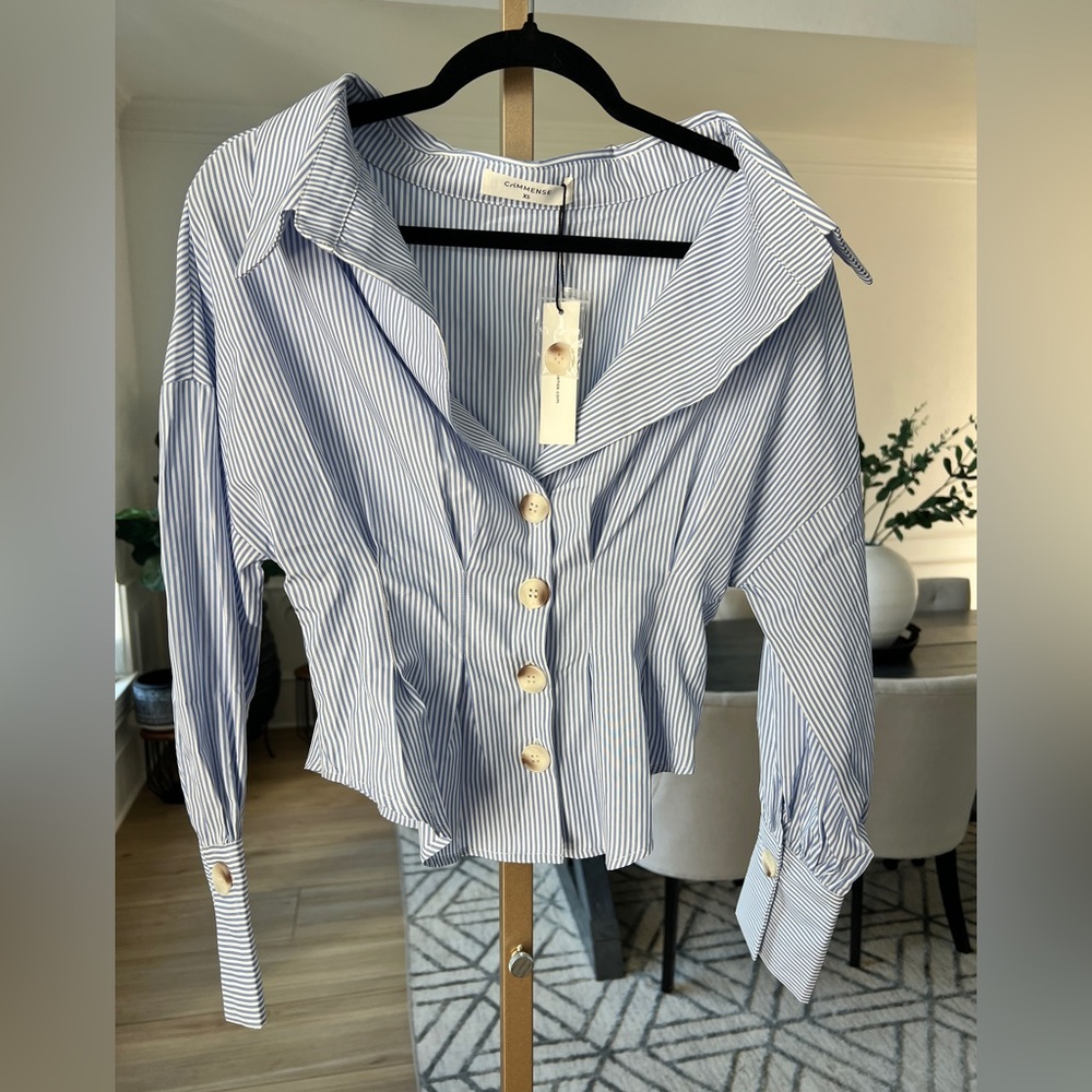 COMMENSE Blue & White Striped Collared Shirt – Waist-Cinching Design – XS – NWT - Picture 3 of 11